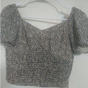 Japna Blouse Top Women XS Leopard Print Fitted Cinched Waist Shirt Crop Smocked